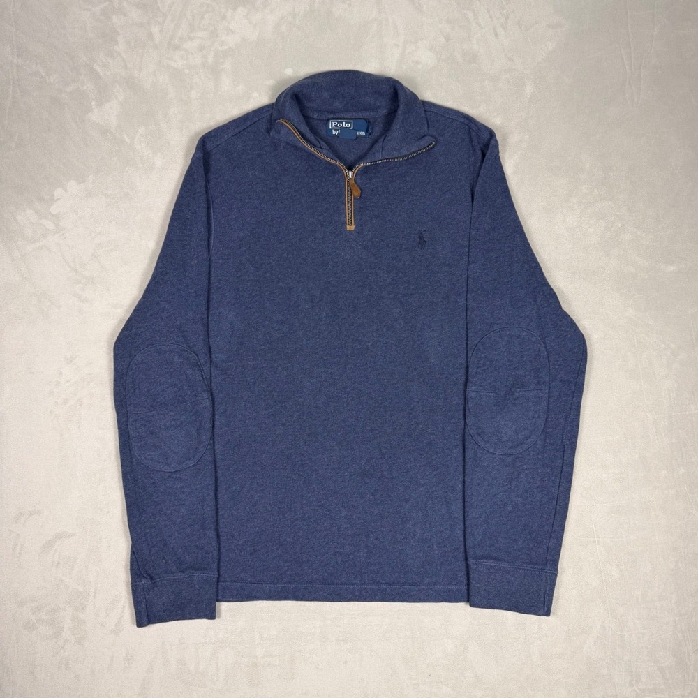 90s Mens Polo Ralph Lauren Elbow Patch Quarter Zip Pullover Blue Large